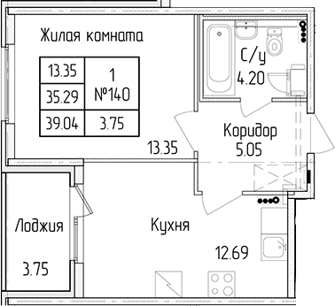 1-комнатная квартира 35.29 м², 1/4 эт., ЖК «Любоград в Стрельне»